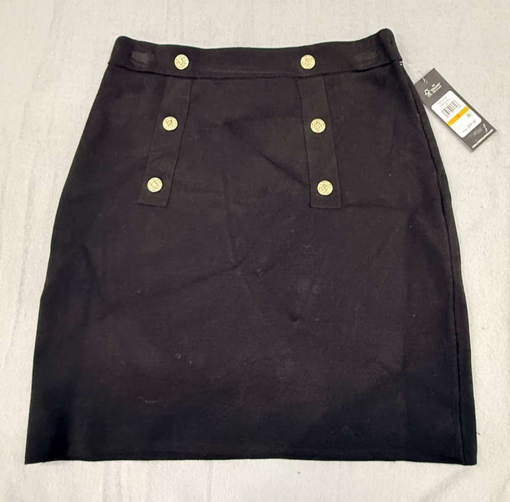 Karl Lagerfeld Paris Mini Skirt Womens Small Black Gold Button A-Line Career NWT